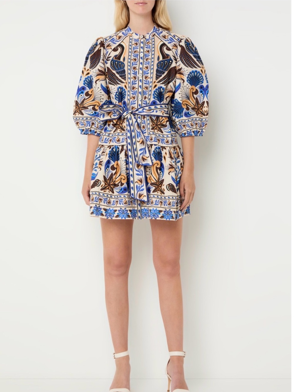 Farm Rio Printed Belted Mini Dress in Blue and Cream
